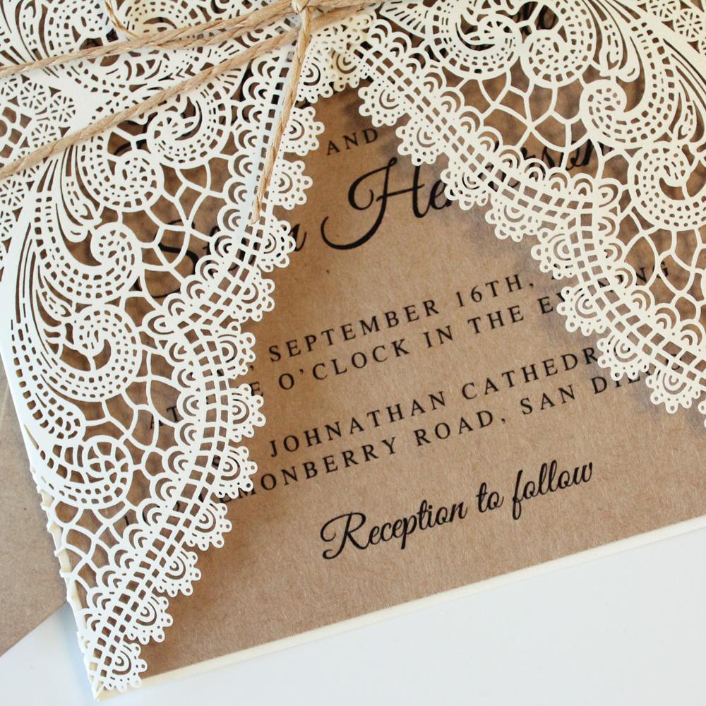 Rustic White Lace Wedding Invitation Cards with RSVP Cards Kraft Paper PB1990-R Picky Bride 