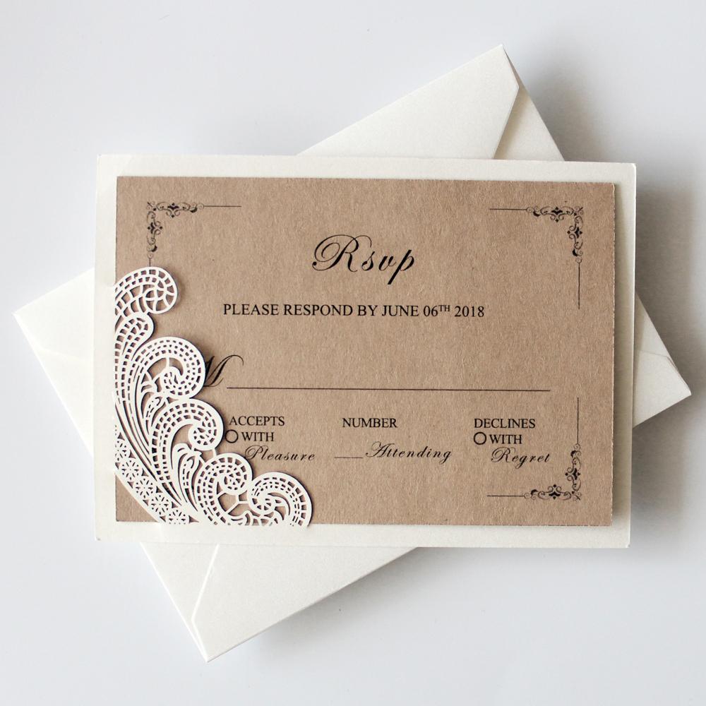 Rustic White Lace Wedding Invitation Cards with RSVP Cards Kraft Paper PB1990-R Picky Bride 