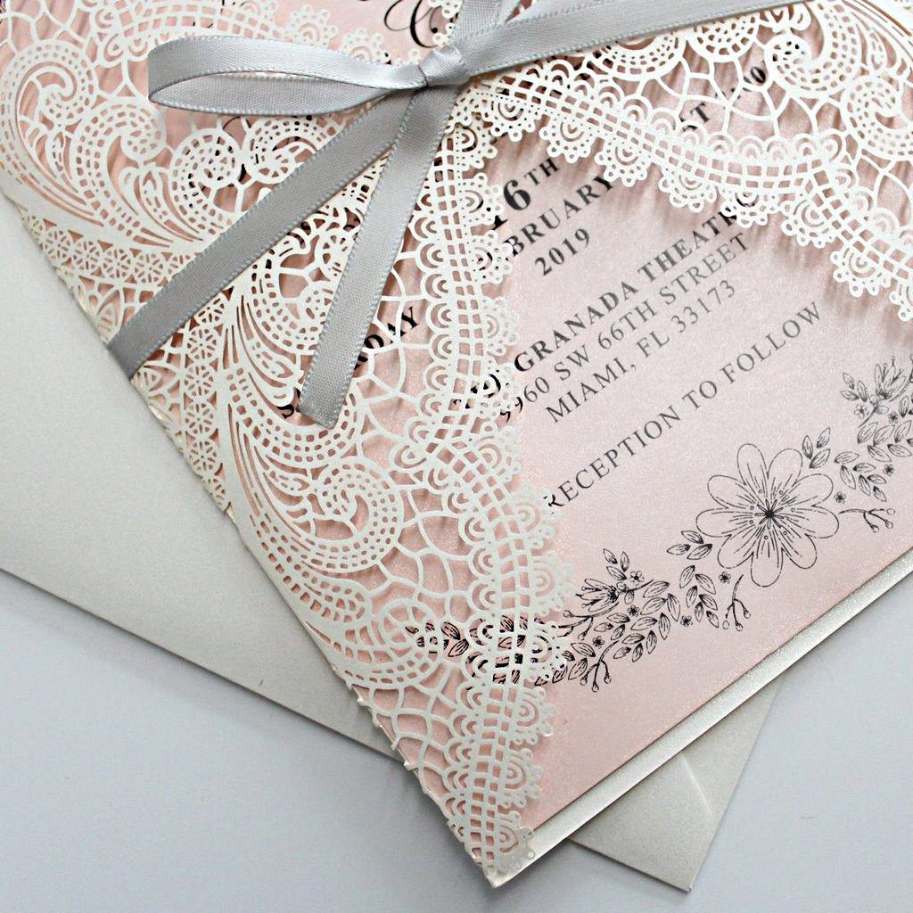 Shimmer Blush Pink Wedding Invitation with Silver Ribbon Bow and Envelopes Picky Bride 