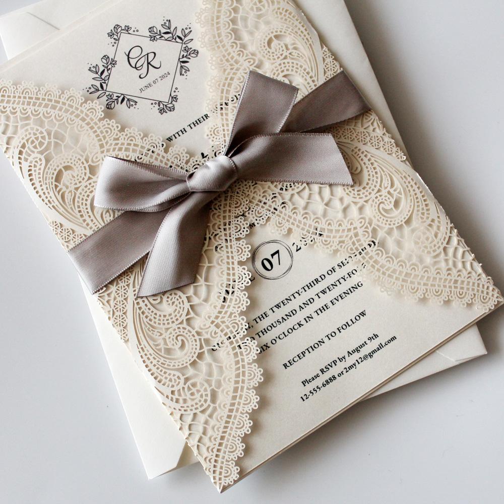 Silver Ribbon Laser Cut Wedding Invitations by Picky Bride Picky Bride 