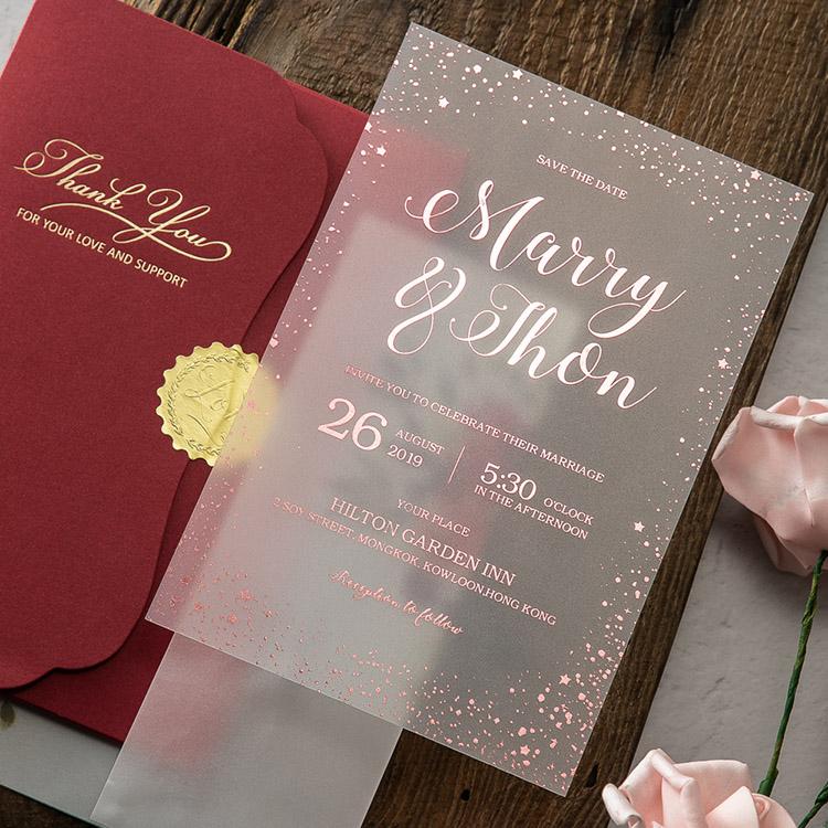 Translucent Acrylic Wedding Invitations Calligraphy Frosted Foil Gold Invitation, Burgundy Pocket Invitation Picky Bride 