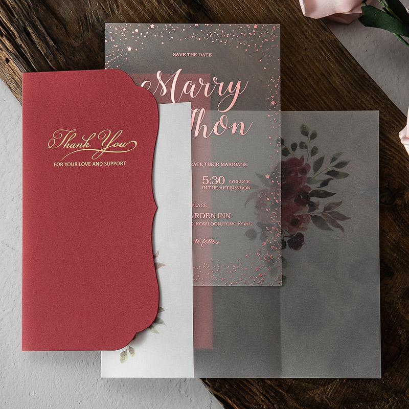 Translucent Acrylic Wedding Invitations Calligraphy Frosted Foil Gold Invitation, Burgundy Pocket Invitation Picky Bride 