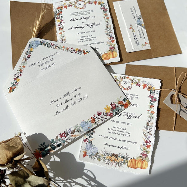 Vintage Floral Invitations for Wedding, Customized Deckle-edged Wedding Set, Rustic Wedding Invites with RSVP Card Wedding Ceremony Supplies Picky Bride 