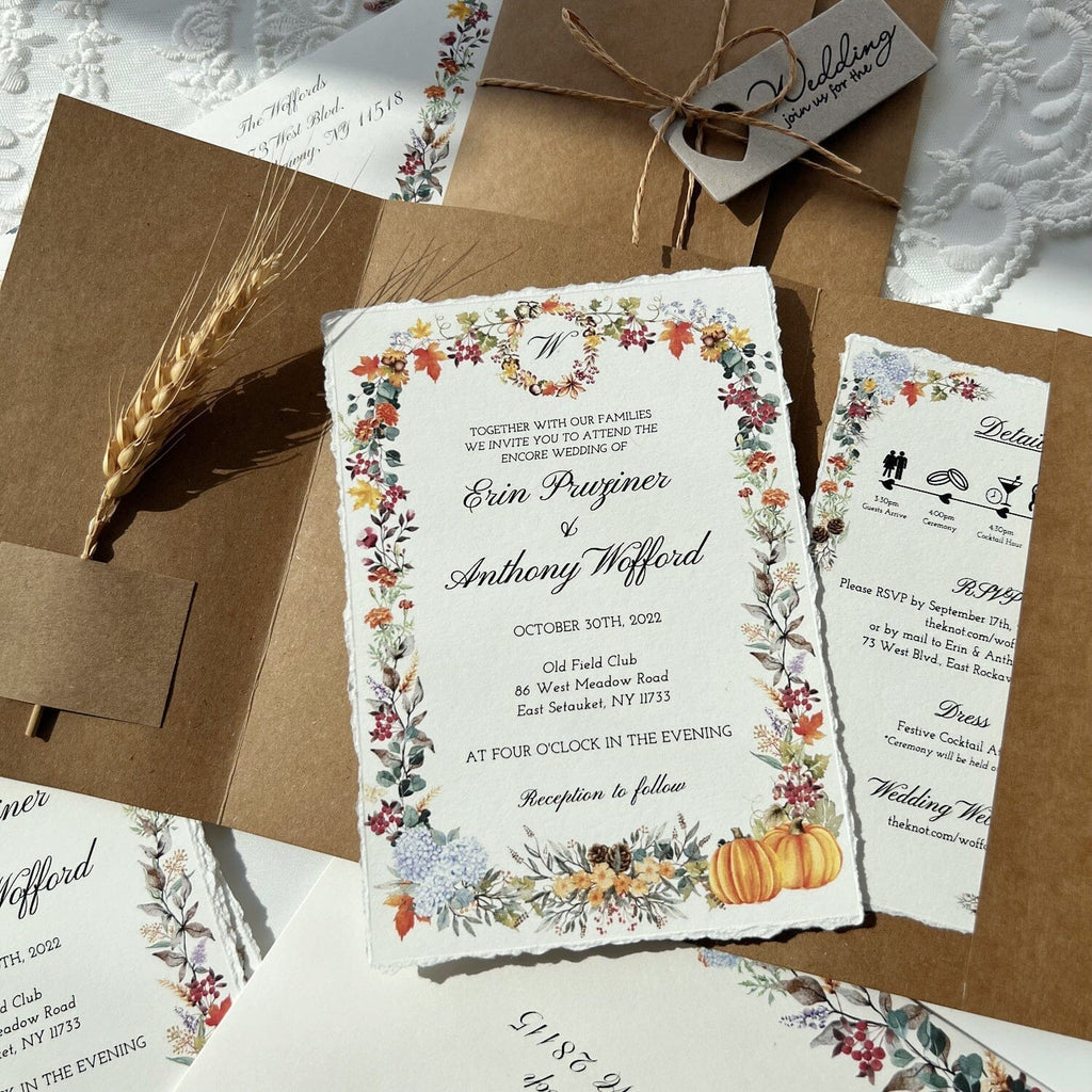 Vintage Floral Invitations for Wedding, Customized Deckle-edged Wedding Set, Rustic Wedding Invites with RSVP Card Wedding Ceremony Supplies Picky Bride 