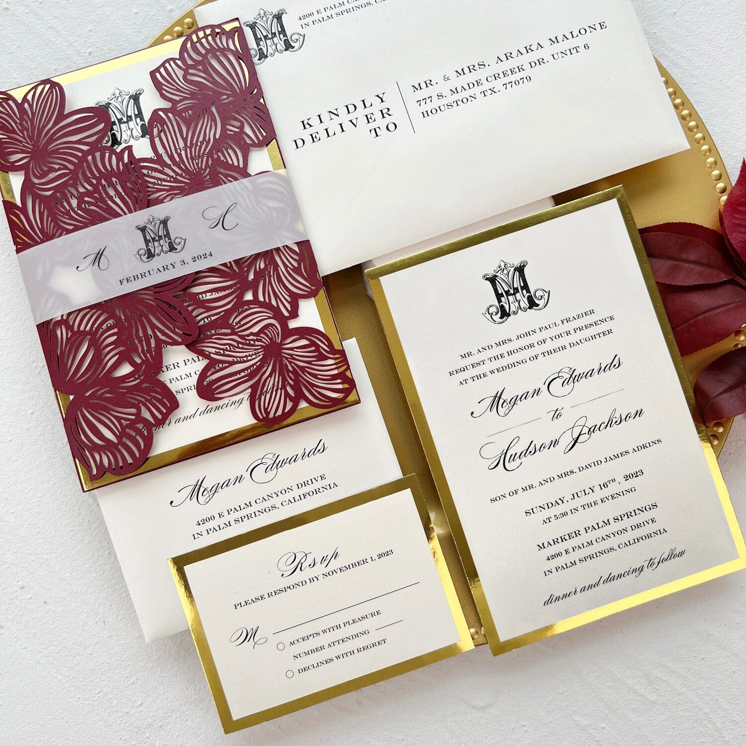 Vintage Monogram Wedding Invitation Suite for Burgundy Wedding Theme