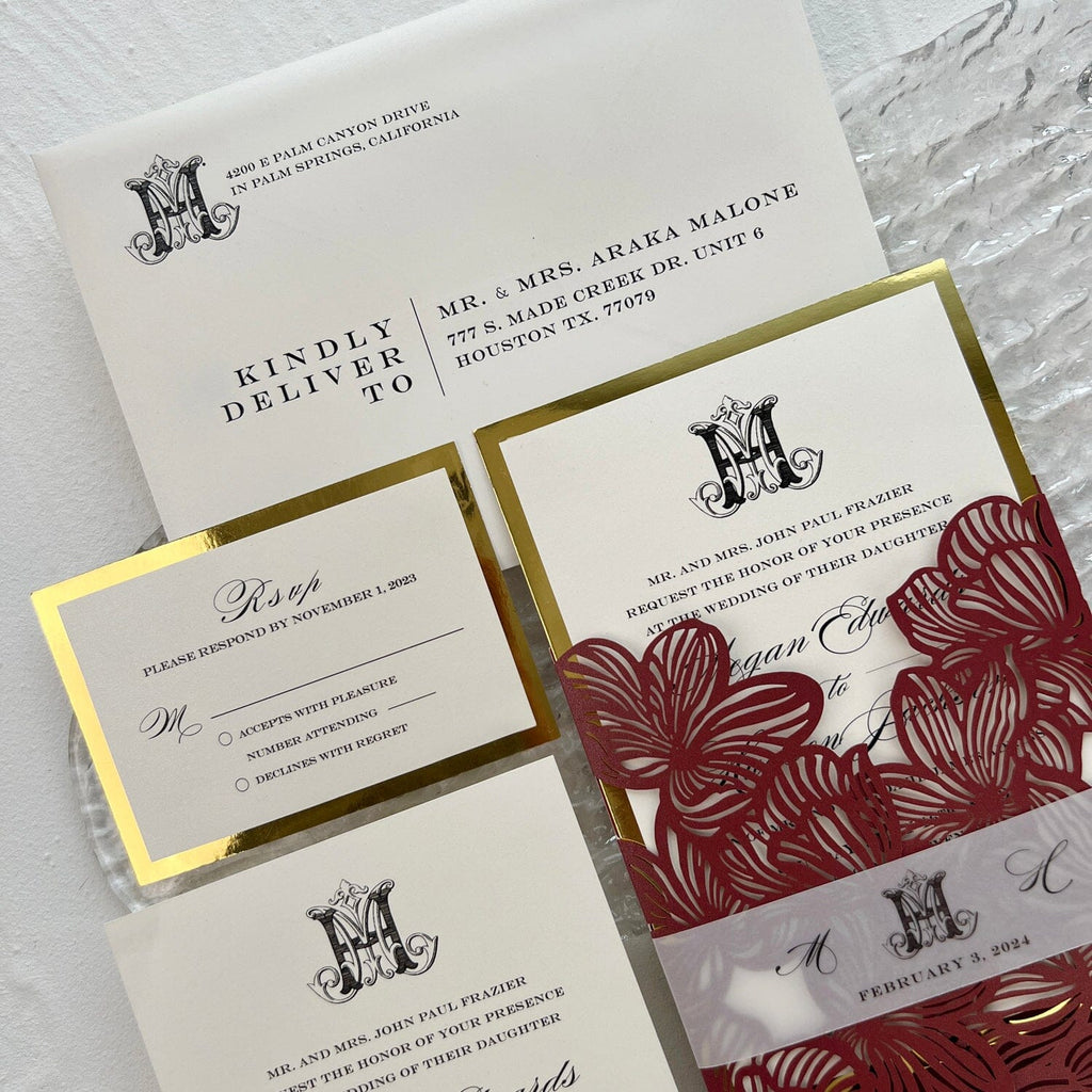 Vintage Monogram Wedding Invitation Suite for Burgundy Wedding Theme Picky Bride 