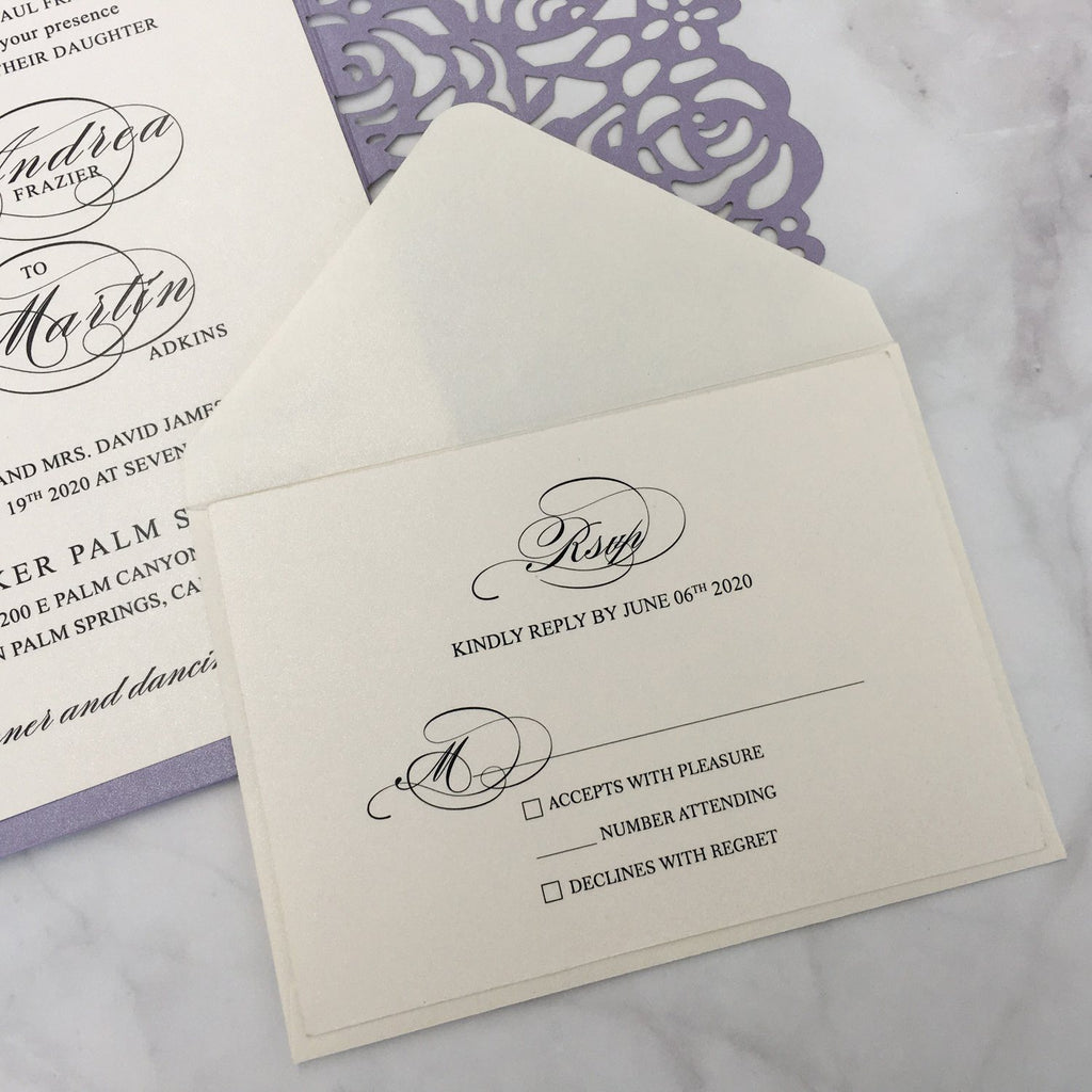 Wedding Invitation Cards with RSVP Laser Cut Invitations for Purple Theme Picky Bride 