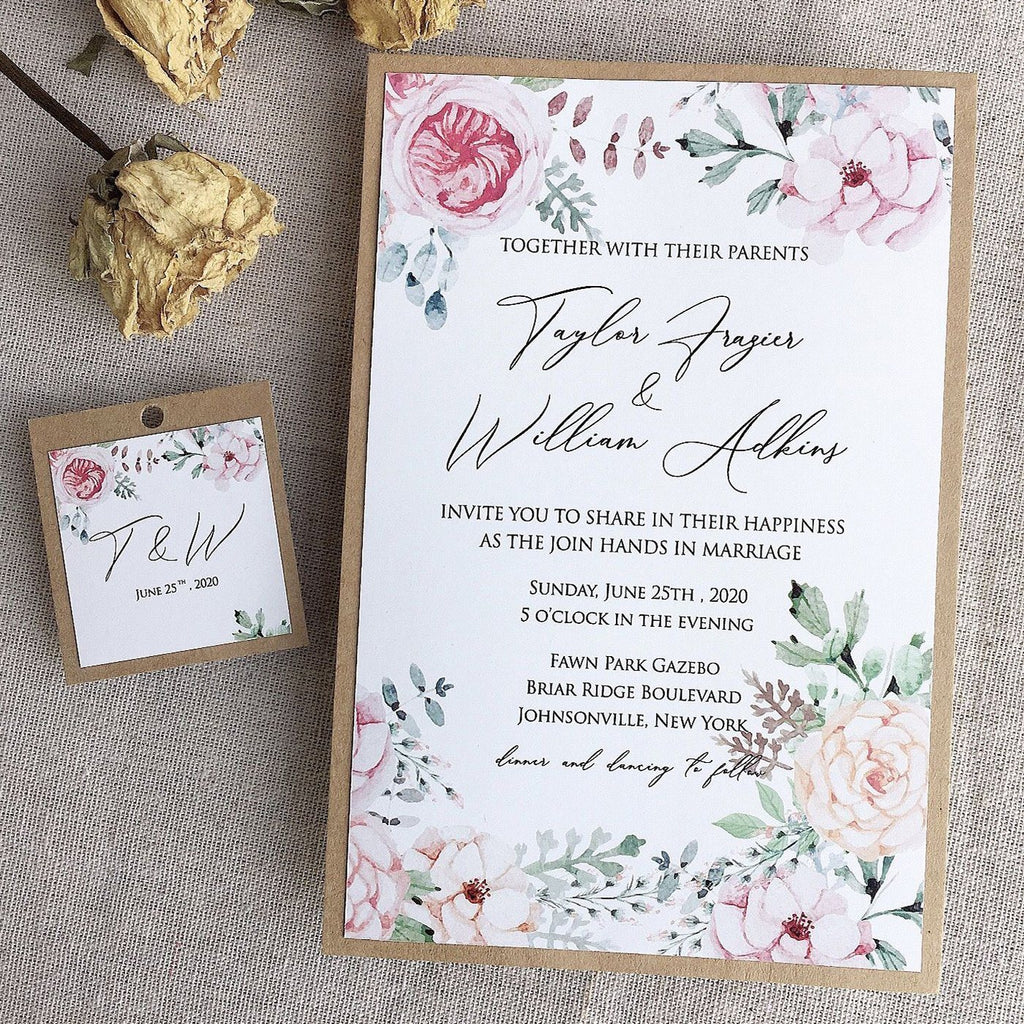 Wedding Invitations Rustic, Kraft Paper & Flowers Invite Cards, Spring Wedding Theme Picky Bride 