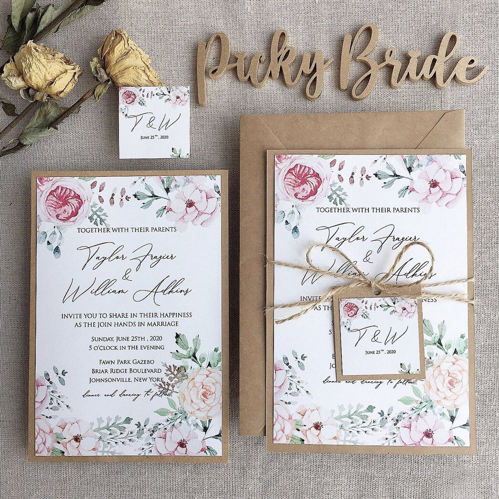 Wedding Invitations Rustic, Kraft Paper & Flowers Invite Cards, Spring Wedding Theme Picky Bride 