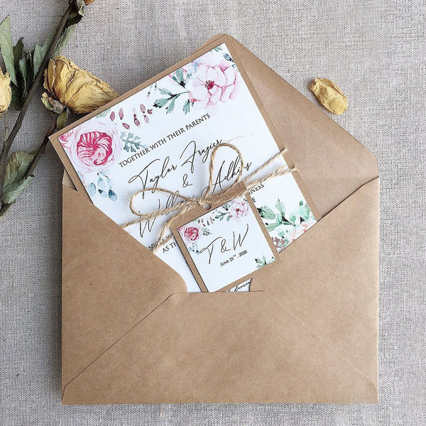 Wedding Invitations Rustic, Kraft Paper & Flowers Invite Cards, Spring Wedding Theme Picky Bride 