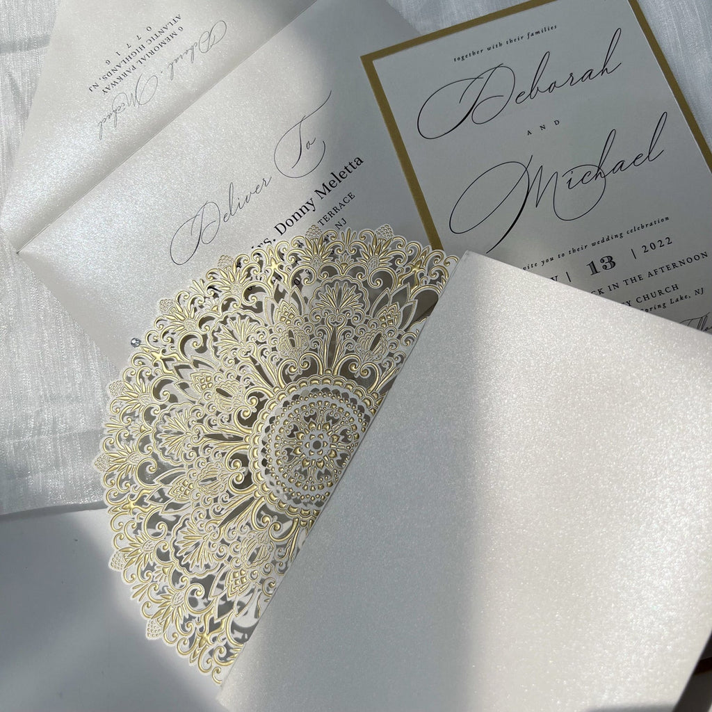 White and Gold Pocket Wedding Invitations with Details Cards Wedding Ceremony Supplies Picky Bride 