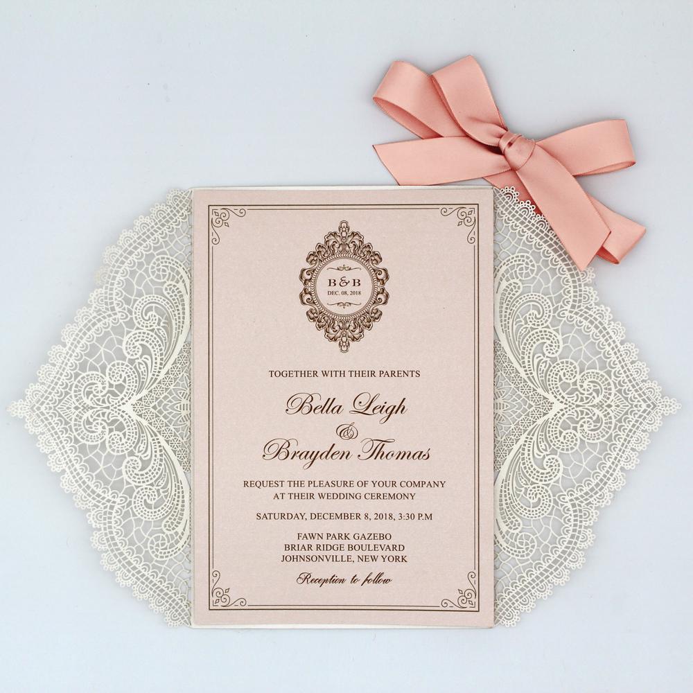 Light Pink Floral Wedding Invitations, Vintage White Handmade Paper In