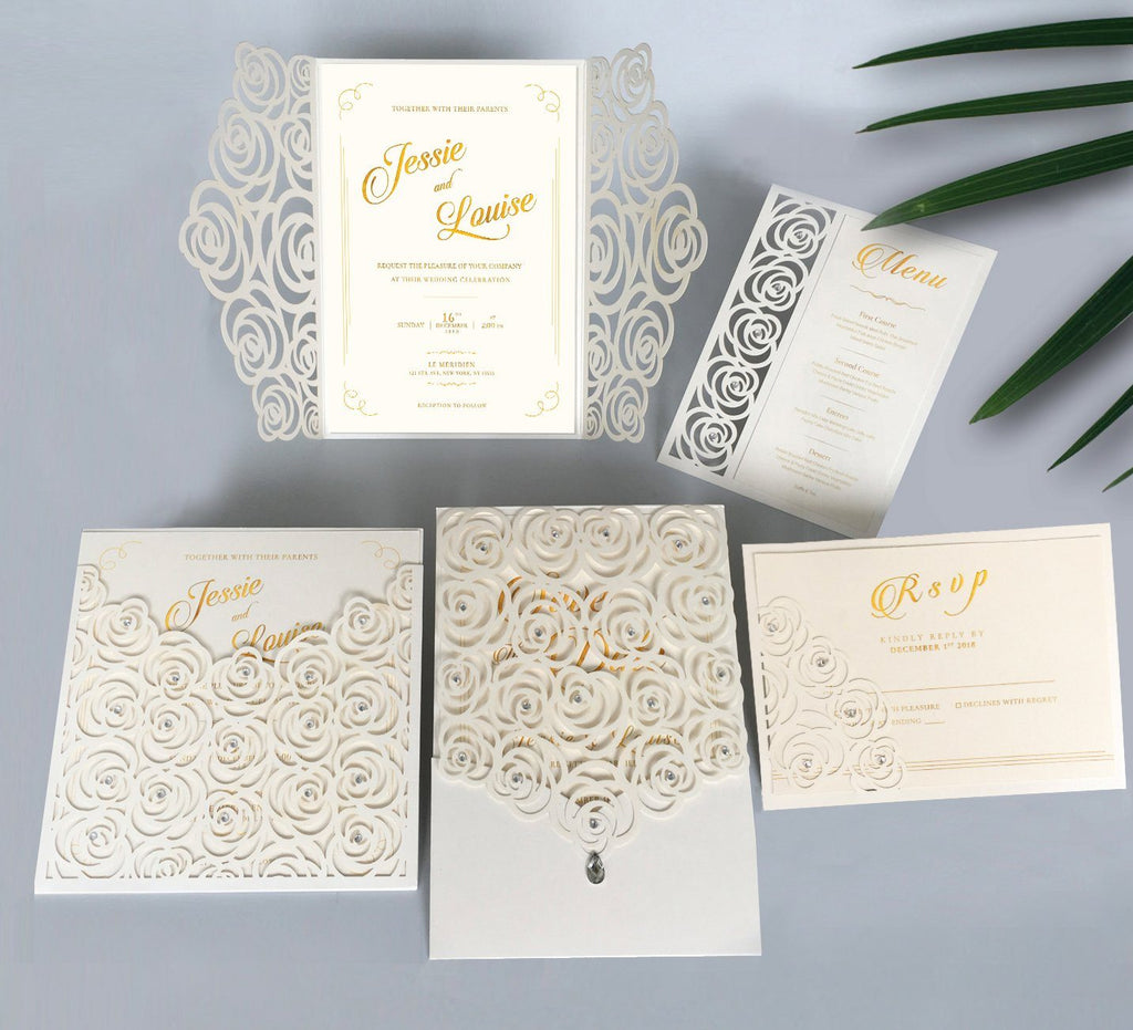 White Floral Wedding Invitation Cards Garden Theme PB1965-W Picky Bride 