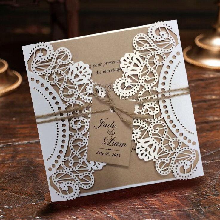 White Rustic Wedding Invitation Cards; Customized Kraft Wedding Invitations; Laser Cut Invitations Picky Bride 