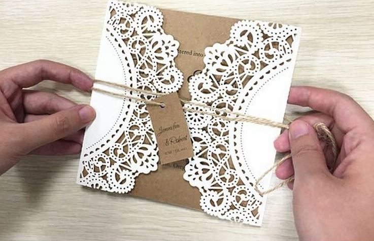 White Rustic Wedding Invitation Cards; Customized Kraft Wedding Invitations; Laser Cut Invitations Picky Bride 